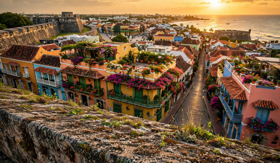 Walled city of Cartagena at sunset, Colombia.
