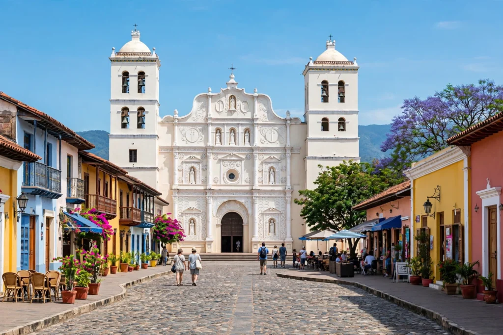 Colonial cathedral and plaza in Comayagua, Honduras.