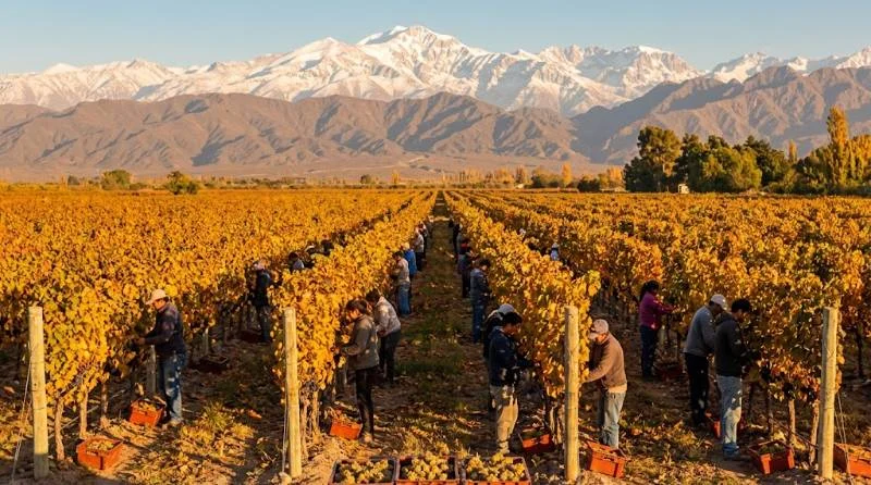 Golden autumn vineyards in Mendoza during the best time to visit Argentina for wine harvest