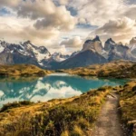 Golden hour view of Patagonia mountains and lake showing the best time to visit Argentina for hiking