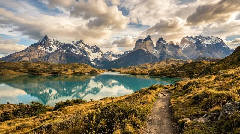 Golden hour view of Patagonia mountains and lake showing the best time to visit Argentina for hiking