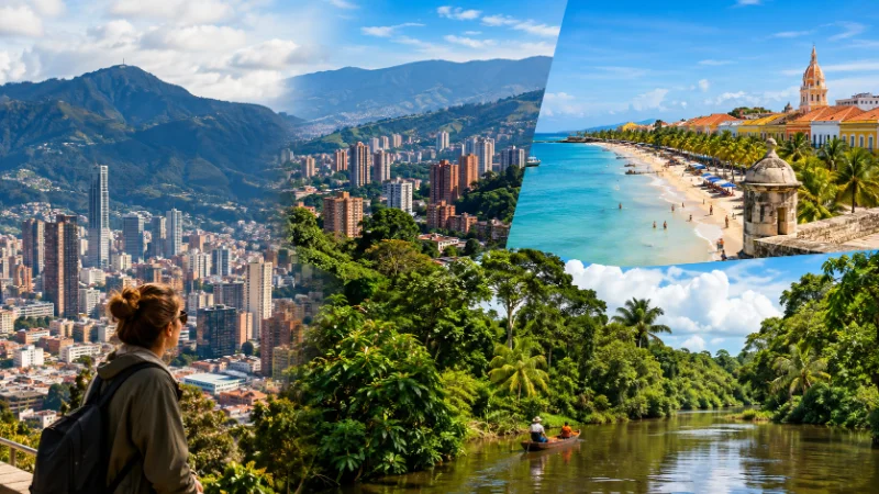 Colombia travel destinations showing Bogotá and Medellín in the mountains, Caribbean coast, and Amazon rainforest
