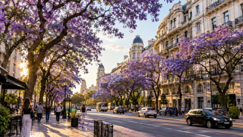 Jacaranda trees blooming on a Buenos Aires street during spring, one of the best times to visit Argentina