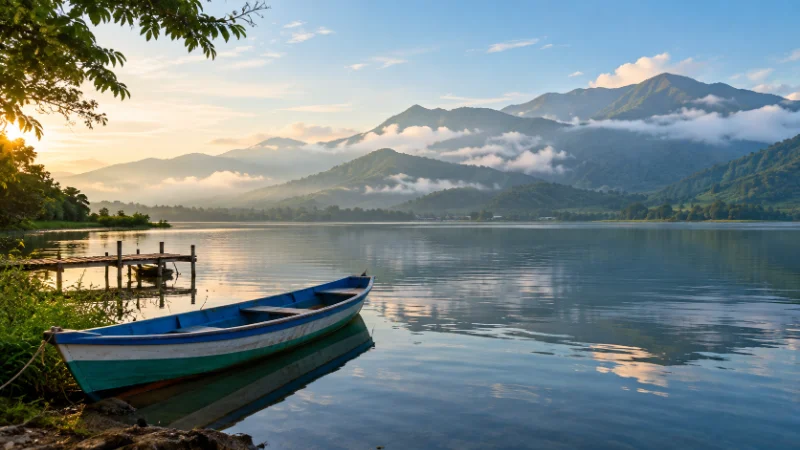 Boat on Lago de Yojoa surrounded by mountains, a scenic thing to do in Honduras