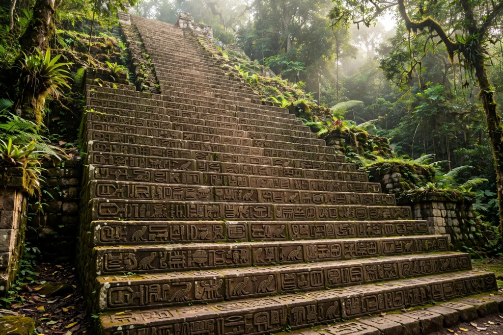 Hieroglyphic Stairway at the Copán Maya ruins in Honduras.