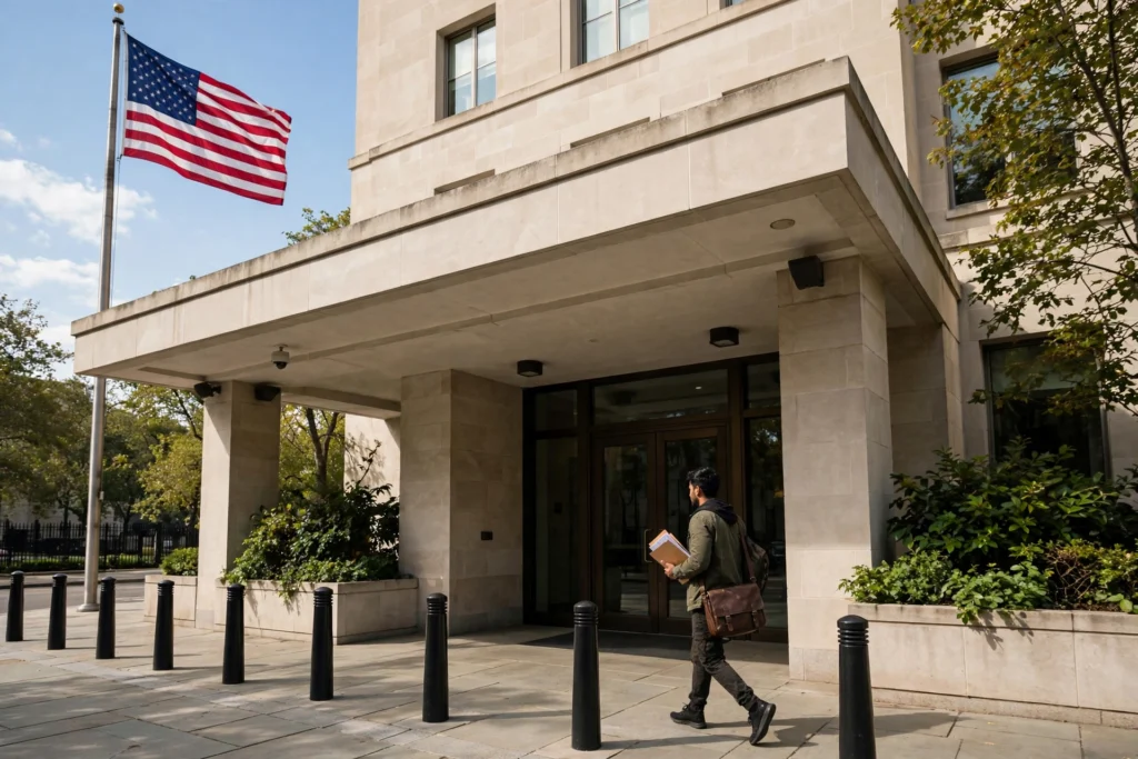 What to Do if You Lose Your Passport 2 U.S. embassy consular section entrance where travelers report a lost passport.