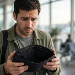 Traveler holding an empty document pouch after discovering a lost passport at an airport.