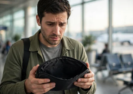 Traveler holding an empty document pouch after discovering a lost passport at an airport.