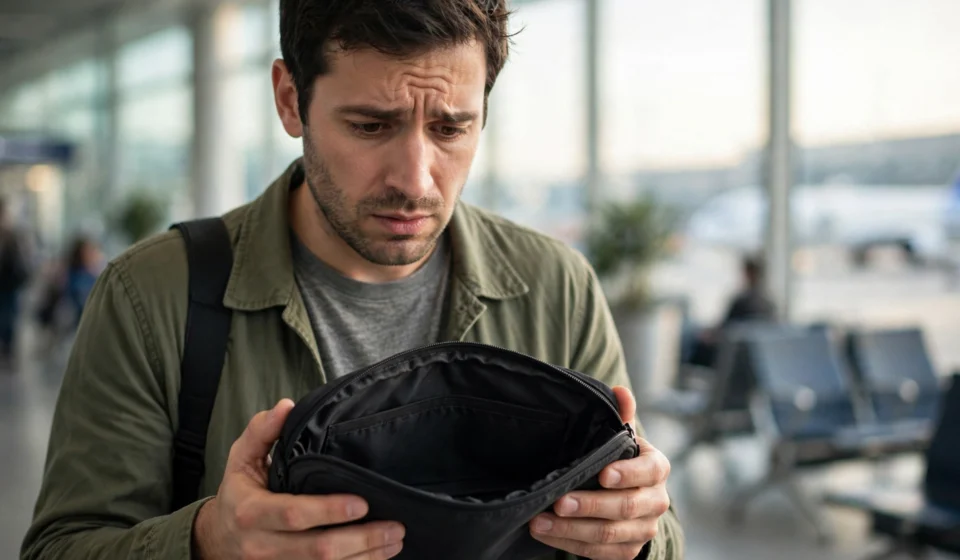 Traveler holding an empty document pouch after discovering a lost passport at an airport.