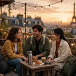 Backpackers socializing on a Paris hostel rooftop terrace at sunset.
