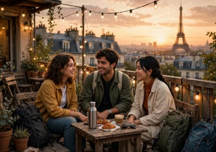 Backpackers socializing on a Paris hostel rooftop terrace at sunset.