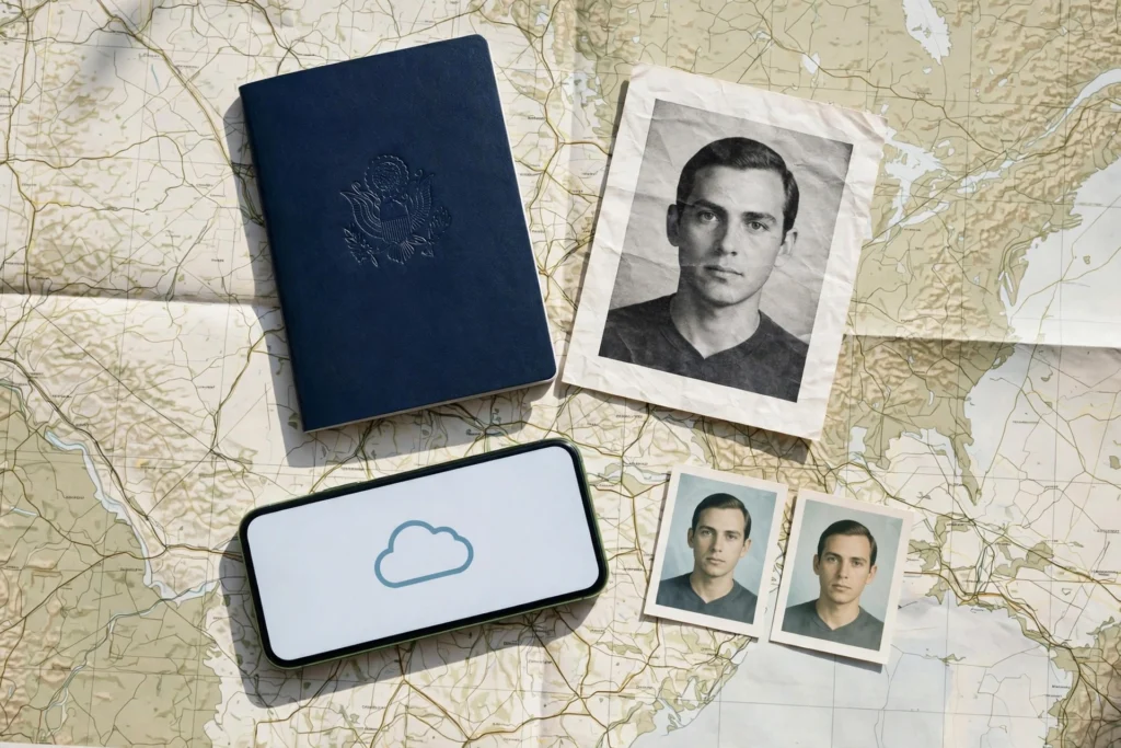 What to Do if You Lose Your Passport 3 Passport photocopy, cloud backup symbol, and travel documents arranged for safekeeping.