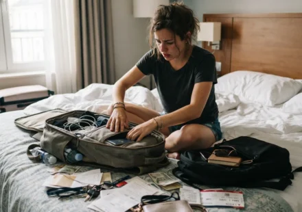 traveler searching bag after losing passport