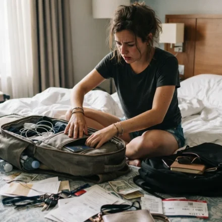 traveler searching bag after losing passport