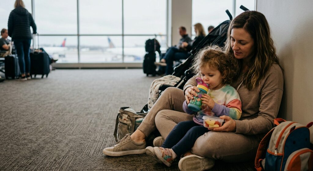 A mother sitting on the floor in a quiet corner of an airport terminal, holding her toddler in her lap. The child is drinking from a water bottle while holding a container of sliced fruit, with airport windows and airplanes visible in the background