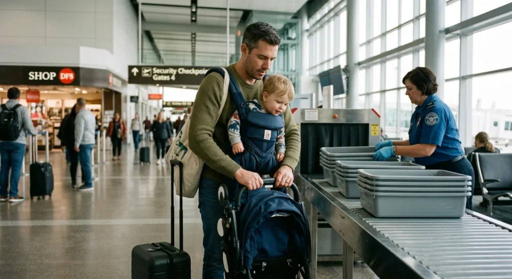 Dad folding a stroller at airport security while traveling with a toddler