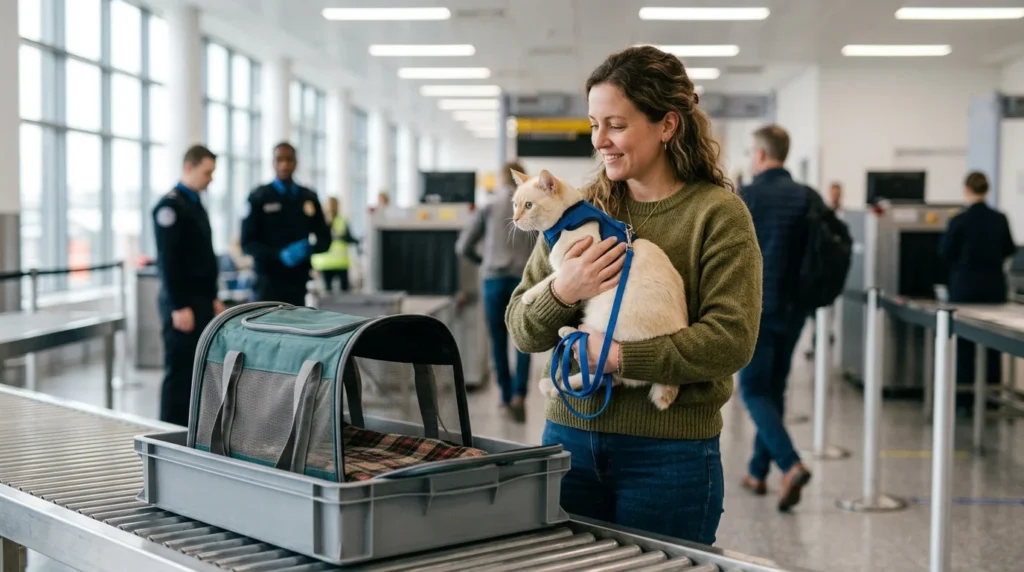 Traveler holding a harnessed cat at airport security while learning how to travel with a cat by plane