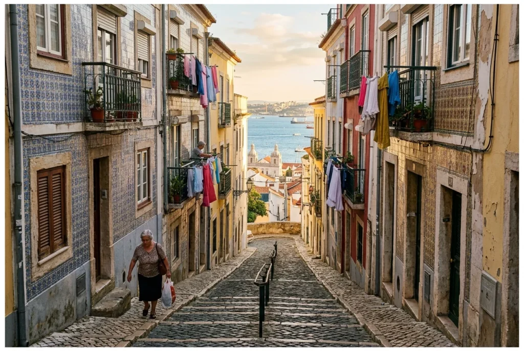 Narrow tiled streets and steep steps in Alfama, Lisbon’s oldest neighborhood