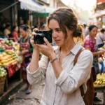 Traveler holding the best compact camera for travel at a morning street market