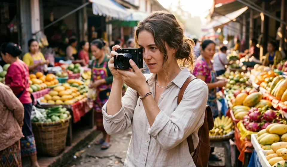 Traveler holding the best compact camera for travel at a morning street market