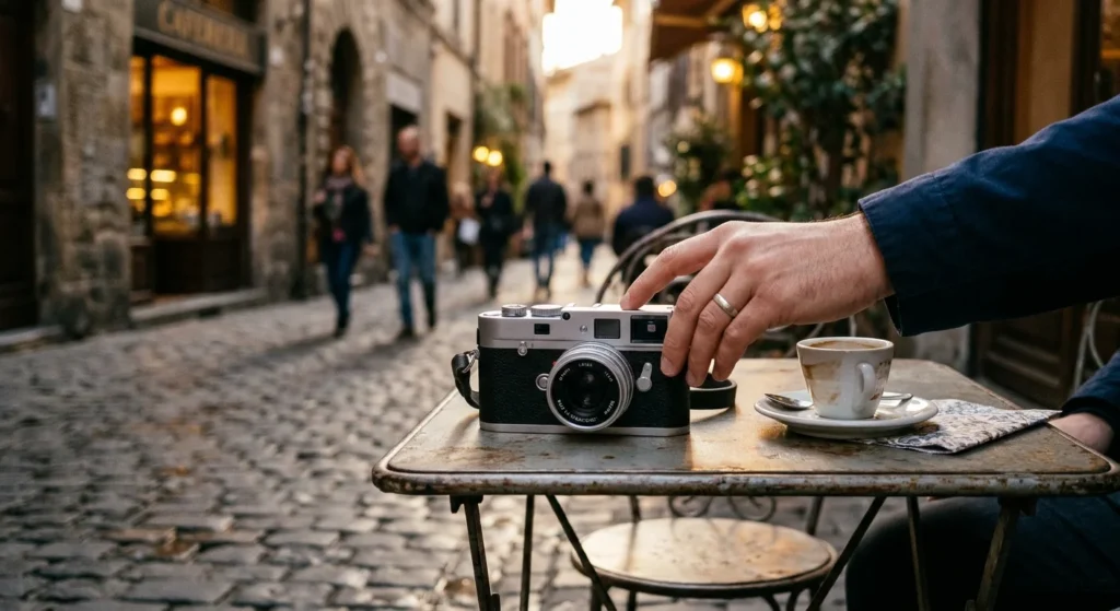 Compact travel camera on a cafe table, a strong pick for the best compact camera for travel