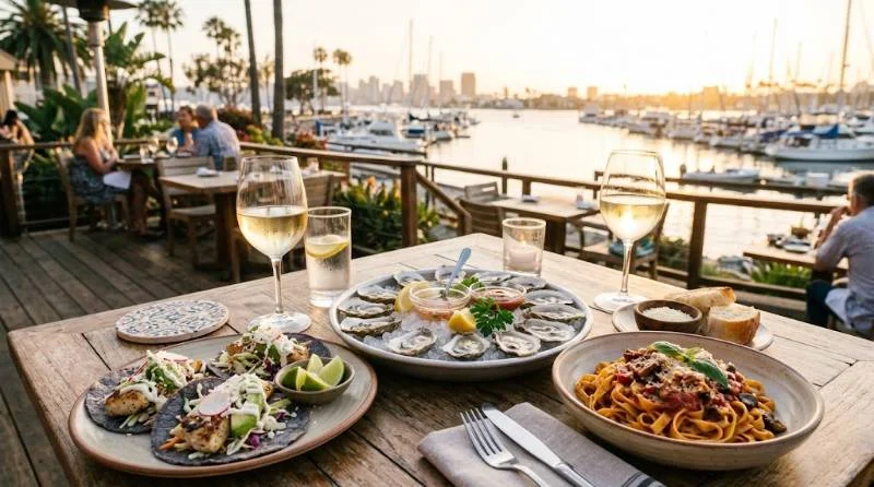 Patio table with tacos, oysters and pasta showing the best places to eat in San Diego