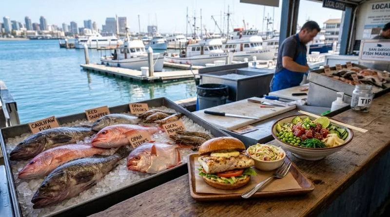 Fish sandwich and poke bowl at a harbor fish market among the best places to eat in San Diego