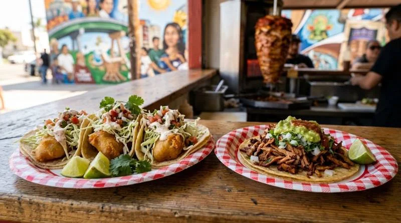 Fish and adobada tacos at a Barrio Logan counter, one of the best places to eat in San Diego