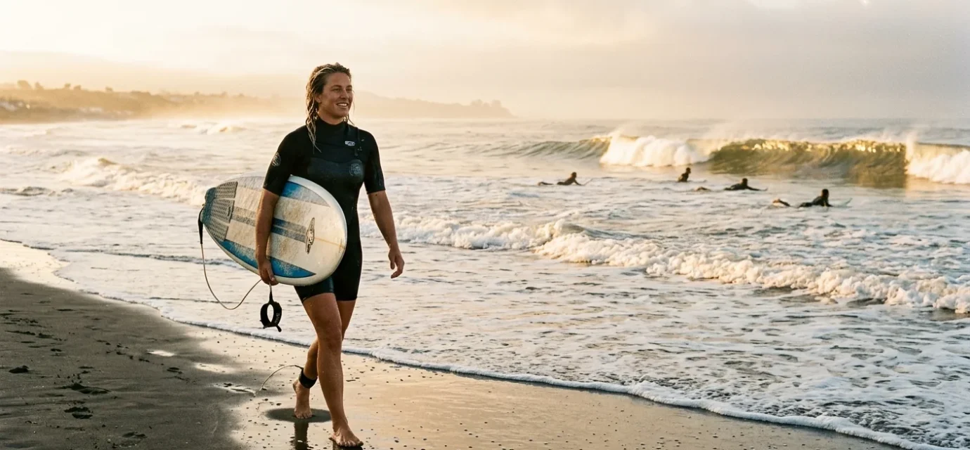 Surfer walking along the shore at sunrise toward some of the best places to surf