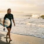 Surfer walking along the shore at sunrise toward some of the best places to surf