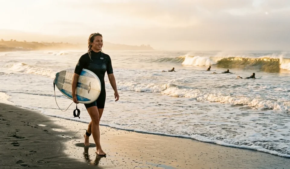 Surfer walking along the shore at sunrise toward some of the best places to surf