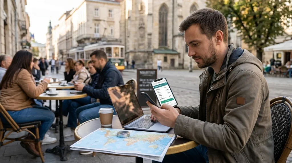 Best eSIM for Travel in 2026: Picks by Trip Type 2 Comparing prices to find the best eSIM for travel at a cafe table