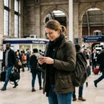 Traveler using the best eSIM for travel to load a map in a train station