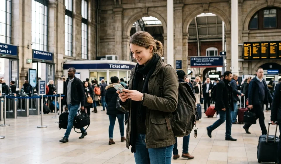 Traveler using the best eSIM for travel to load a map in a train station