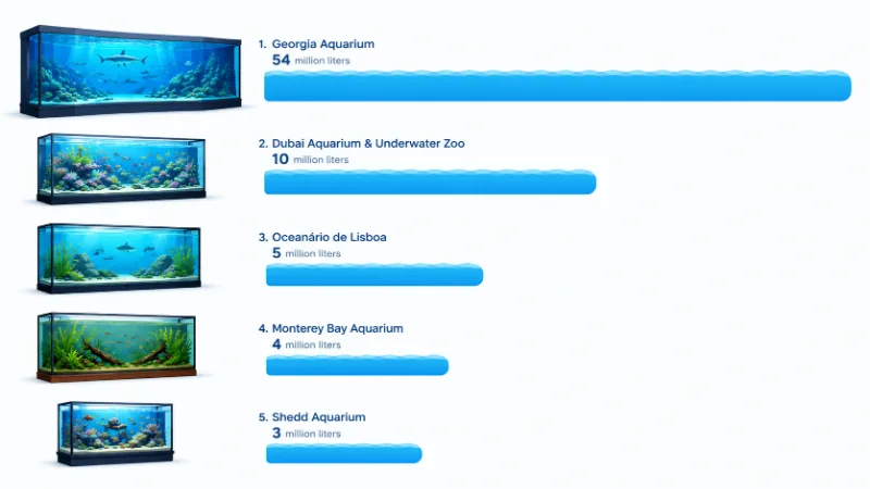 Biggest Aquarium in the US: Georgia Aquarium and the Runners-Up 1 Comparison graphic of the biggest aquarium in the US and four large rivals by gallons