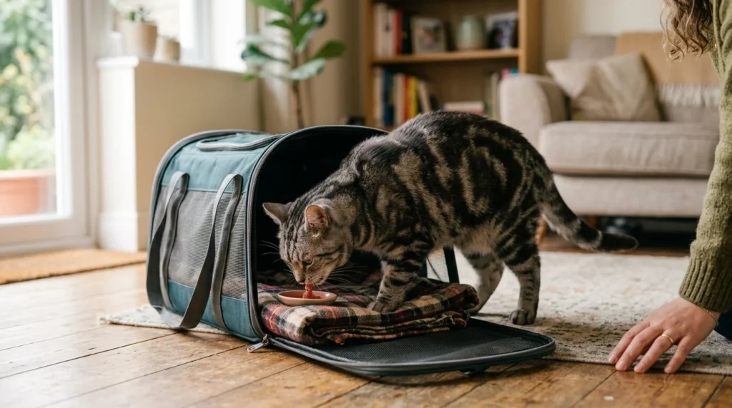 Cat eating a treat inside an open carrier while its owner prepares to travel with a cat