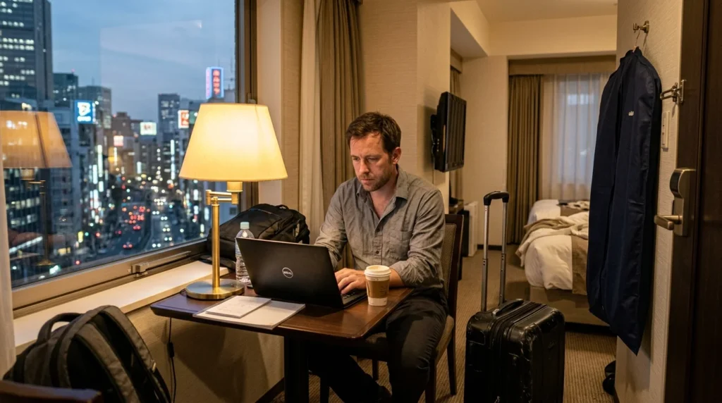 Jobs That Require Travel: 12 Roles to Consider 3 Consultant working from a hotel room, typical of jobs that require travel during the work week