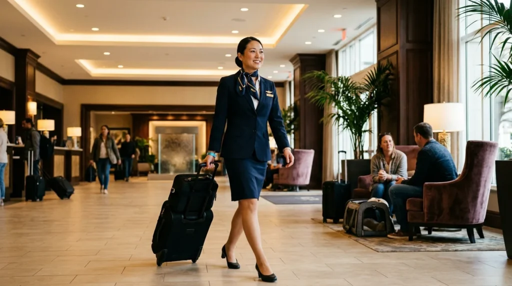 Jobs That Require Travel: 12 Roles to Consider 1 Flight attendant arriving at a hotel, one of the best known jobs that require travel