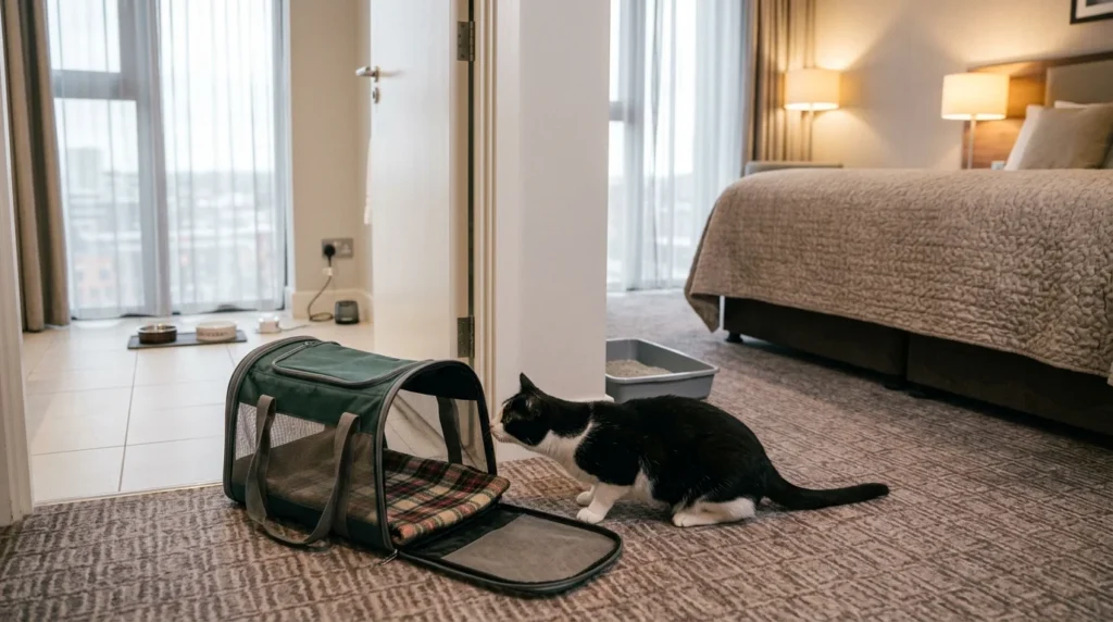Cat settling into a hotel room with an open carrier after its owner learned how to travel with a cat