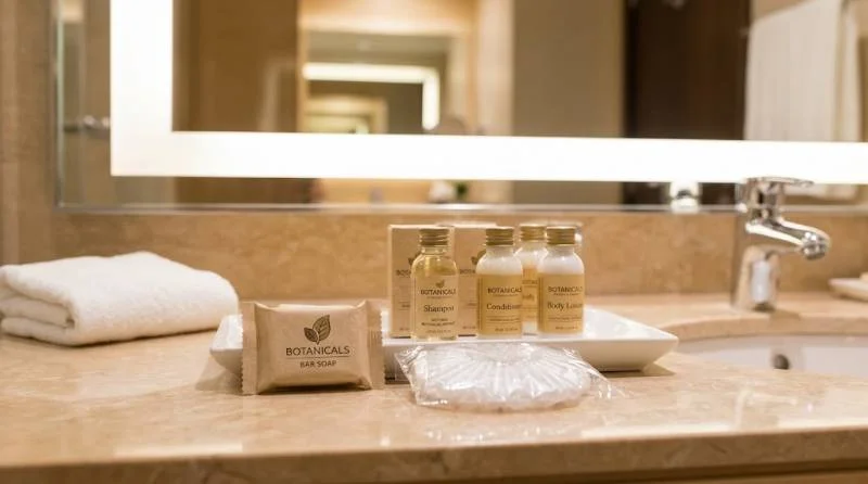 Hotel bathroom counter showing what includes toiletries, including mini shampoo, conditioner, lotion, soap, and a shower cap