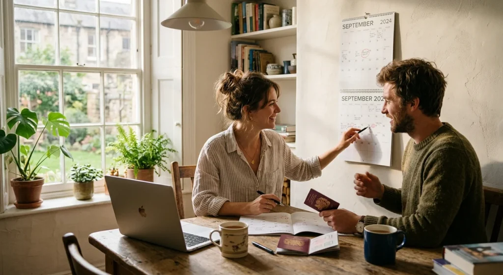 What Is a Honeymoon? Meaning, Length & Phase 2 Couple planning how long is a honeymoon with a calendar and passports