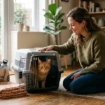Woman preparing to travel with a cat using an open hard-sided carrier at home