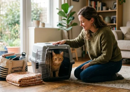 Woman preparing to travel with a cat using an open hard-sided carrier at home