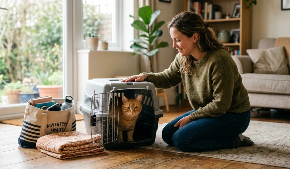Woman preparing to travel with a cat using an open hard-sided carrier at home