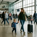 Parent and toddler walking through an airport while learning how to travel with a toddler