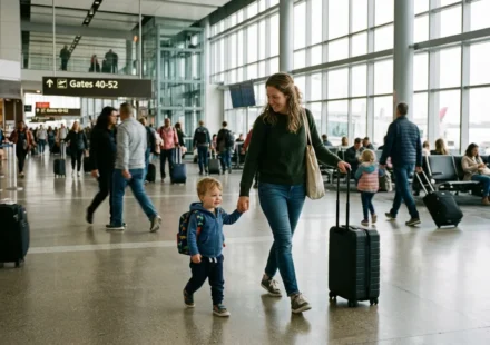 Parent and toddler walking through an airport while learning how to travel with a toddler