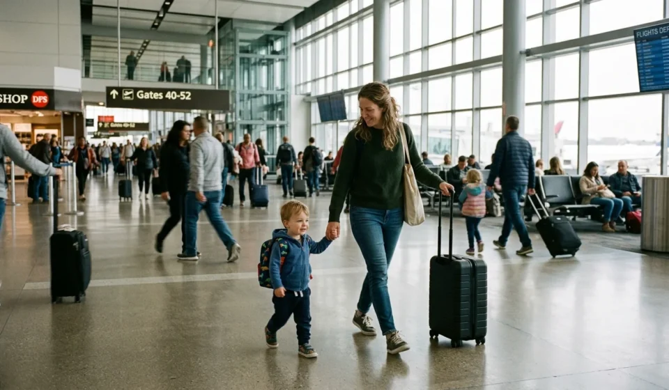 Parent and toddler walking through an airport while learning how to travel with a toddler