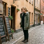 Traveler checking menu prices outside a Gamla Stan café while wondering is Stockholm expensive