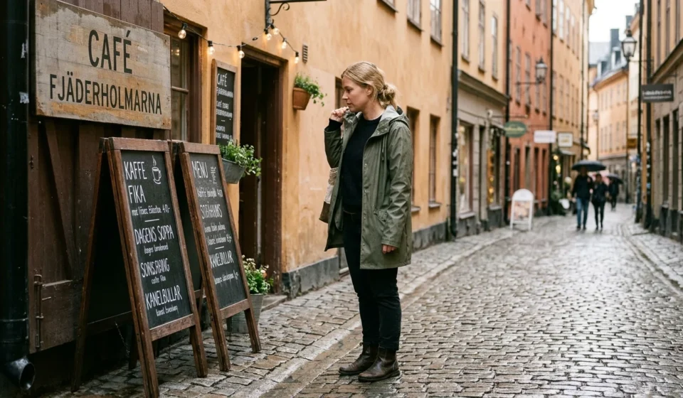 Traveler checking menu prices outside a Gamla Stan café while wondering is Stockholm expensive