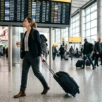 Professional walking through an airport on her way to one of many jobs that require travel